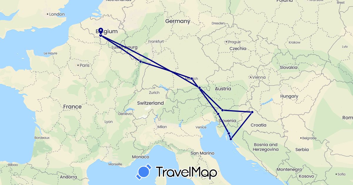 TravelMap itinerary: driving in Austria, Belgium, Germany, France, Croatia, Slovenia (Europe)